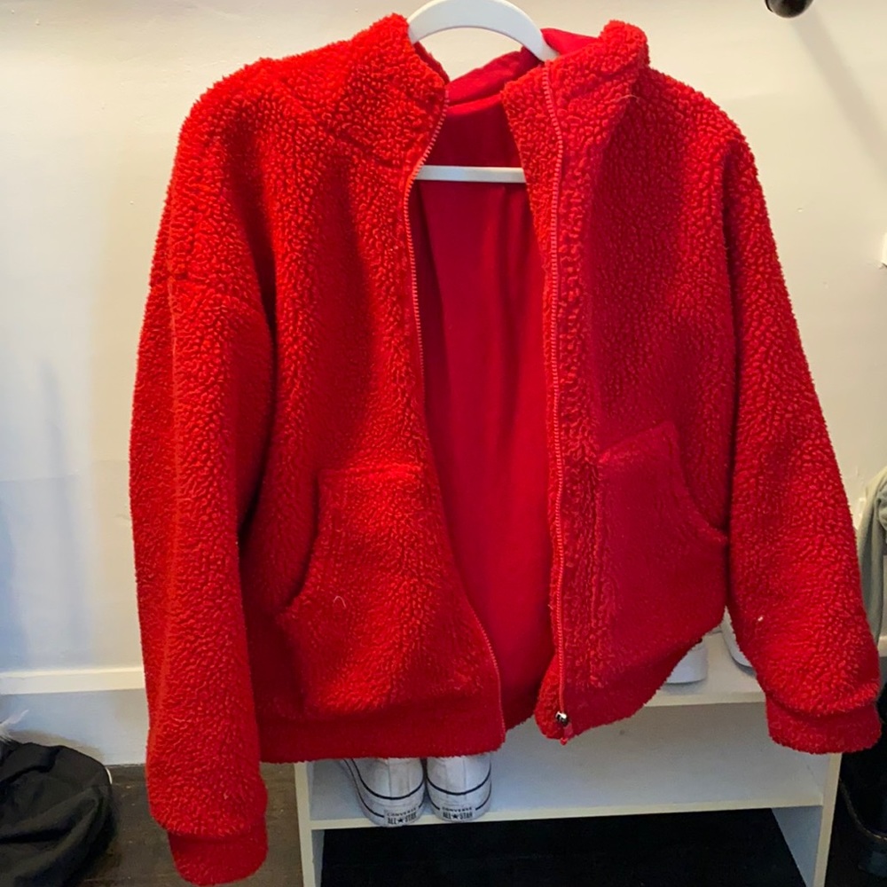 Red fuzzy teddy coat - fabletics